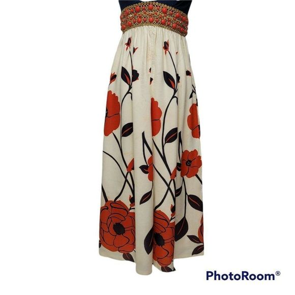 Vintage 60s 70s Union Made Maxi Dress Navy Orange Floral Skirt Beaded Waist - Picture 3 of 12